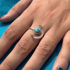 Sterling Silver Crescent Moon <b>Turquoise</b> <b>Ring</b> Boho Statement Gemstone Jewelry for Women Gift - Product Image 3