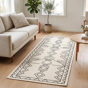 Tapis de couloir exclusif en laine bouclée tissée à la main, style scandinave, crème et noir, couleur unie, antidérapant, à poils moyens, avec support en toile de coton - Product Image 4