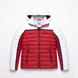 Veste matelassée en toile à blocs de couleur brodés écologiques rouge et blanc pour homme sur mesure à capuche col montant zippée imperméable respirante - Product Image 1