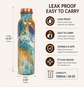 Premium Gift Pack Printed Copper <b>Bottle</b> Gold-Trimmed Presentation Box Set Designer Boxed Pure Copper Flask <b>Ocean</b> Wave Fluid Art - Product Image 2