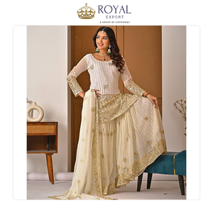 Suministro Directo de Fábrica: Traje Sharara de Seda Georgette Pesada con Dupatta de Georgette y Bordados, Estilo Indio - Product Image 6