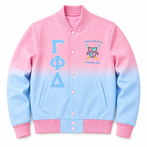 Veste universitaire en satin ombré pour femmes Gamma Phi Delta, avec lettres grecques brodées, boutons-pression, col et poignets en tricot côtelé, style Letterman - Product Image 3