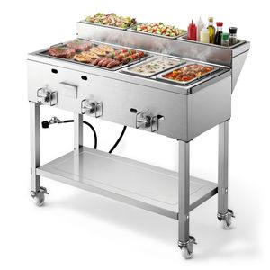 Plancha de Propano Comercial para Exteriores con 3 Quemadores (11,600 BTU Cada Uno), Construcción de Acero Inoxidable, Dos Recipientes para Calentar Alimentos de Tamaño 1/3 - Product Image 1