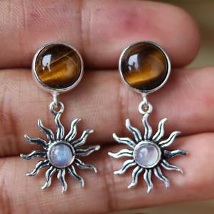 Wholesale Tiger Eye Moonstone <b>Sun</b> <b>Drop</b> Earrings 925 Sterling Silver Handmade Luxury Celestial Gemstone for Women - Product Image 4