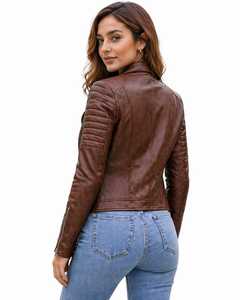 Veste moto en cuir PU marron, col rabattu, fermeture éclair, coupe ajustée, longueur normale, unisexe, pour l'automne - Product Image 2