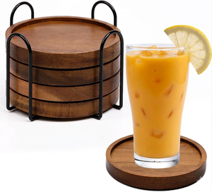 Wooden <b>Coasters</b> with Holder (6pcs)-Modern Design Lightweight & Handmade Round Walnut Wood <b>Drink</b> <b>Coasters</b> - Product Image 1