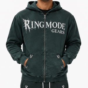 Sudadera con capucha para hombre, verde oscuro, con cremallera completa, de algodón grueso, estilo oversize, estilo urbano, con forro polar. - Product Image 1