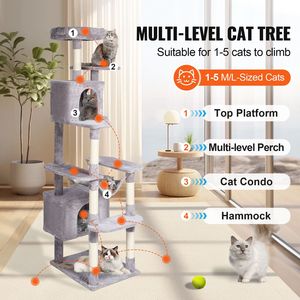 72\" Indoor <b>Cat</b> <b>Tree</b> Tower with 2 Condos Sisal <b>Scratching</b> Post Hammock Top Perch Jumping Platforms for Large <b>Cats</b> - Product Image 6