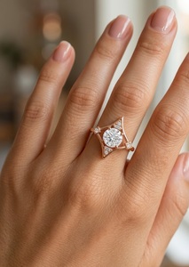 Anillos de Moda Art Deco con Diamantes Cultivados en Laboratorio, Anillo de Compromiso Único con Halo Geométrico de Diamantes Redondos en Oro Rosa Sólido de 14K - Product Image 2