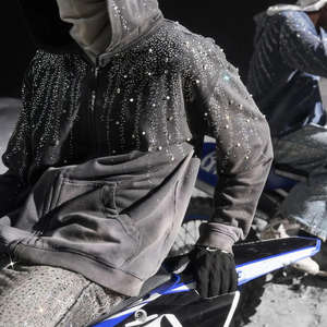 Sweat à capuche zippé surdimensionné pour homme, 100% coton épais, style vintage, broderie, délavage acide, entièrement orné de strass, idéal pour l'hiver - Product Image 3