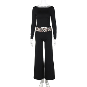 Haut noir à manches longues pour femme avec ceinture léopard, pantalon taille haute à jambes larges, longueur intégrale, respirant, en tricot, spandex, polyester - Product Image 1