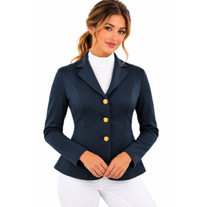 Chaqueta de equitación azul marino para mujer, abrigo para competición ecuestre con botones dorados, corte entallado y estilo de doma elegante - Product Image 1