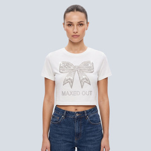 <b>White</b> Rhinestone Bow Crop Top Women's Shirts Wholesale Sequin Pearl Baby <b>Tee</b> Custom Beaded Short Sleeve Y2K Style Graphic Blouse - Product Image 1
