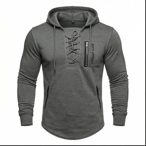Sweat-shirt à capuche pour homme, coupe ajustée, manches longues, avec poche avant et design à lacets, gris, vêtement décontracté pour l'automne - Product Image 1