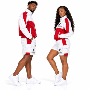 Ensemble de survêtement unisexe rouge et blanc, veste zippée à manches longues et short respirant, idéal pour le printemps - Product Image 2
