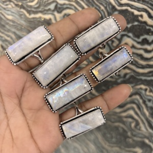 Wholesale Women's Bohemian Style Silver Plated Rainbow <b>Moonstone</b> <b>Rings</b> Latest Trending Natural Rectangular Shape Fashion - Product Image 1
