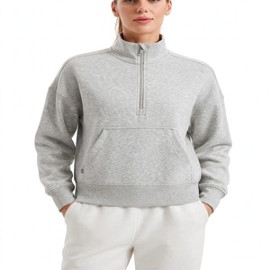 Sudadera de forro polar grueso para mujer, con media cremallera y cuello simulado, estilo casual con hombros caídos, color gris liso, estilo urbano, oversize y corte crop - Product Image 1