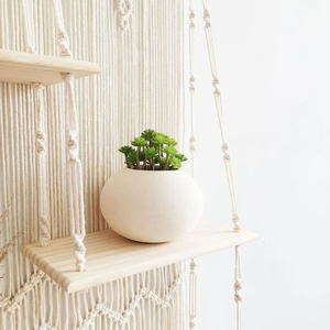 Handmade White Cotton Rope Macramé Wall Hanging <b>Shelves</b> with <b>Pine</b> Wood Multiple Tier Decorative Storage <b>Shelf</b> for Home Décor - Product Image 4
