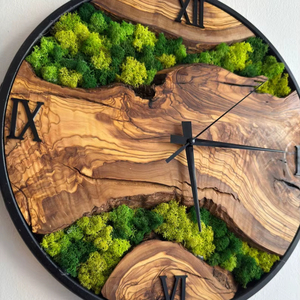 Handmade Olive Wood Moss <b>Wall</b> <b>Clock</b> Rustic Natural Home Eco-Friendly Wooden Moss <b>Clock</b> <b>Unique</b> Forest-Inspired Home Decor Piece - Product Image 1