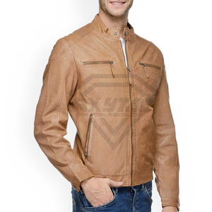 Premium Custom Tan Geuine Leather <b>Biker</b> <b>Jacket</b> For Men Slim Fit Soft Sheepskin Real Leather Coat Wholesale Manufacturer Quality - Product Image 4
