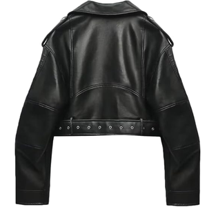 <b>Women</b>’s Faux Leather Cropped Biker <b>Jacket</b>, Lapel <b>Zip</b>-<b>Up</b> Short Coat with Belt, Slim Fit Motorcycle-Style Outerwear - Product Image 3