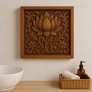 Panneau mural artisanal en bois de teck motif lotus - Décorations murales en bois en gros - Product Image 2