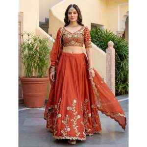 Captivating Orange Thread Embroidered Silk <b>Wedding</b> Lehenga Choli - Product Image 3