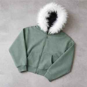 Veste en polaire à capuche vert olive avec fermeture éclair en fourrure blanche, vêtement d'extérieur décontracté d'hiver unisexe, coupe régulière - Product Image 6