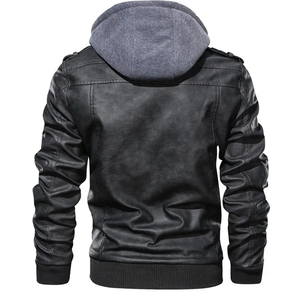 Chaqueta de moto con capucha de cuero PU marrón para hombre, con cierre de cremallera y bolsillos, estilo otoñal, corte ajustado - Product Image 4