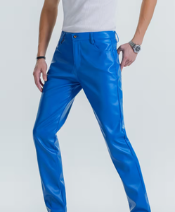 Men's Blue PU Coated Straight Fit Casual <b>Trousers</b> <b>Elastic</b> <b>Waist</b> Anti-Pilling Stone Wash Heavyweight Winter Wear Stylish PU Pants - Product Image 6