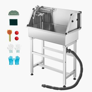 Stazione di lavaggio per cani da esterno in acciaio inossidabile da 34 pollici con rubinetto caldo/freddo, soffione doccia, portaoggetti e design anti-piegamento - Product Image 1