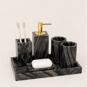 Ensemble d'accessoires de salle de bain en marbre noir avec pompe dorée, distributeur de savon moderne, porte-brosse à dents, fournitures de salle de bain de luxe - Product Image 3