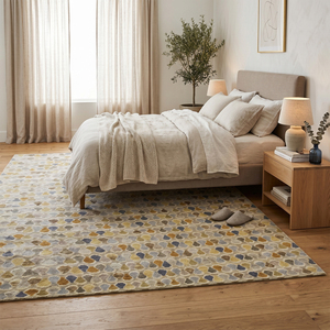 Tapis en laine mosaïque de galets organiques multicolores, jaune moutarde, bleu, beige, gris, antidérapant, écologique, tufté à la main pour salon et chambre - Product Image 3