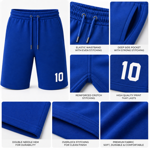Shorts de sport décontractés bleus unis pour hommes avec cordon de serrage et imprimé numéro 10, avec poches, motif uni, pour la gym et la course à pied - Product Image 6
