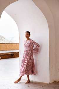 Robe longue ethnique pour femme, Salwar Kameez à taille naturelle, imprimé floral rose, manches longues, 100% coton tissé, idéale pour les mariages et les fêtes romantiques - Product Image 4