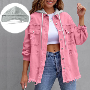 Nuevas sudaderas de mezclilla para damas, color rosa, manga larga, cierre de botones, bolsillo frontal, estilo urbano. - Product Image 3