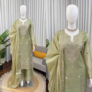 Conjunto de Salwar Kameez de Seda TENNECY Crancy para Fiesta con Bordado Intenso, Reversible, Antiarrugas, de Secado Rápido y Elástico - Product Image 3