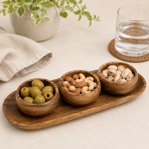Handmade Eco-Friendly Acacia Wood Serving <b>Tray</b> Set with 3 Dipping Bowls Natural Polished Food-Grade Wooden Appetizer Platter - Product Image 5