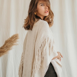 Robe kimono bohème beige à manches larges, kaftan en coton brut, cardigan déesse, veste nomade bio pour femme, manteau Tulum - Product Image 4