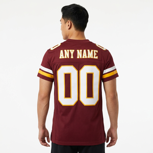 Maillot de football américain personnalisé bordeaux avec rayures blanches et dorées, uniforme de sport à manches courtes avec nom d'équipe personnalisé - Product Image 2