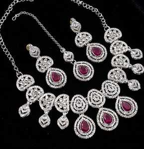 Juego de joyería nupcial de lujo con circonita cúbica azul, collar y aretes plateados, Maang Tikka, para boda, conjunto de lujo para mujer - Product Image 2