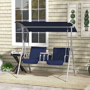 Dondolo da Esterno a 2 Posti con Supporto, Tettuccio Blu Scuro, Portabicchieri e Cuscini Confortevoli per Patio e Giardino, Design a Uovo - Product Image 2
