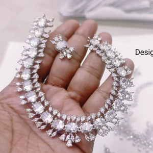 <b>Silver</b> Plated Classic Imitation White Rhinestone <b>Necklace</b> & Earrings Set for Wedding and Evening Wear - Product Image 1