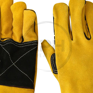 Gants de travail en cuir de vachette noir et jaune à doigts entiers et manchette longue, paume renforcée, pour atelier industriel, personnalisables, pour le soudage - Product Image 6