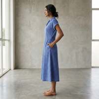 Robe midi trapèze en coton à carreaux bleu marine pour femme, à manches courtes, en tissu léger, style moderne, coupe confortable