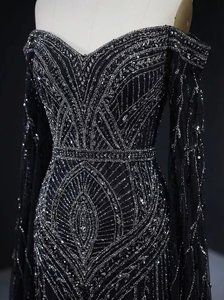 Tela de malla con cuentas pesadas hecha a mano, material de lujo 100% poliéster con lentejuelas azules para vestidos de noche, vestidos de fiesta y bodas en el Medio Oriente. - Product Image 2