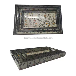 Juego de 3 bandejas de almacenamiento de mesa impresas en blanco esmaltadas hechas a mano decorativas rectangulares de madera de mango únicas - Product Image 3