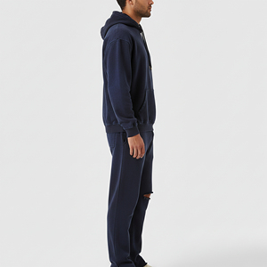 <b>Men's</b> <b>Navy</b> Hooded Tracksuit Set Full Sleeve Solid Color Casual <b>Joggers</b> With Side Pockets Autumn Wear 100% Cotton Midweight - Product Image 1