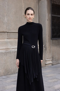 Summer Woven Midi Turtle Neck Casual Regular Sleeve Minimalist Simple Stripes Loose Waist Breathable Front Logo Dresses - Product Image 3