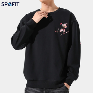Men's Black Crew Neck Pullover Sweatshirt with <b>Cherry</b> Blossom Embroidery Regular Fit Casual Autumn Wear 100% Cotton Fleece - Product Image 2